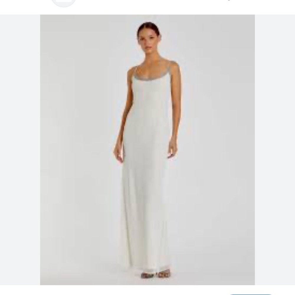 Mac Duggal 93551 White Rhinestone Scoop Neck Beaded Spaghetti Strap Maxi Gown